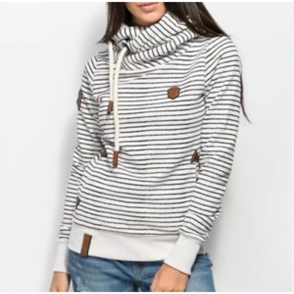 Naketano Brave New Word Striped Cowl Neck Hoodie Rope Drawstring Cream Navy Owl